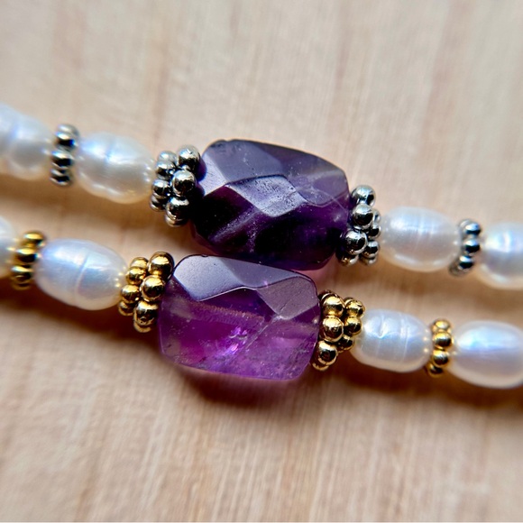 Delicate Pearl Gem Beaded Crystal Layer Necklaces - Purple Green Pearl Options - Picture 3 of 6